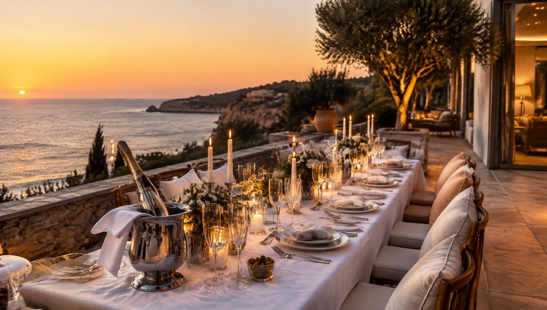 Candlelit private dinner on a villa terrace above the sea