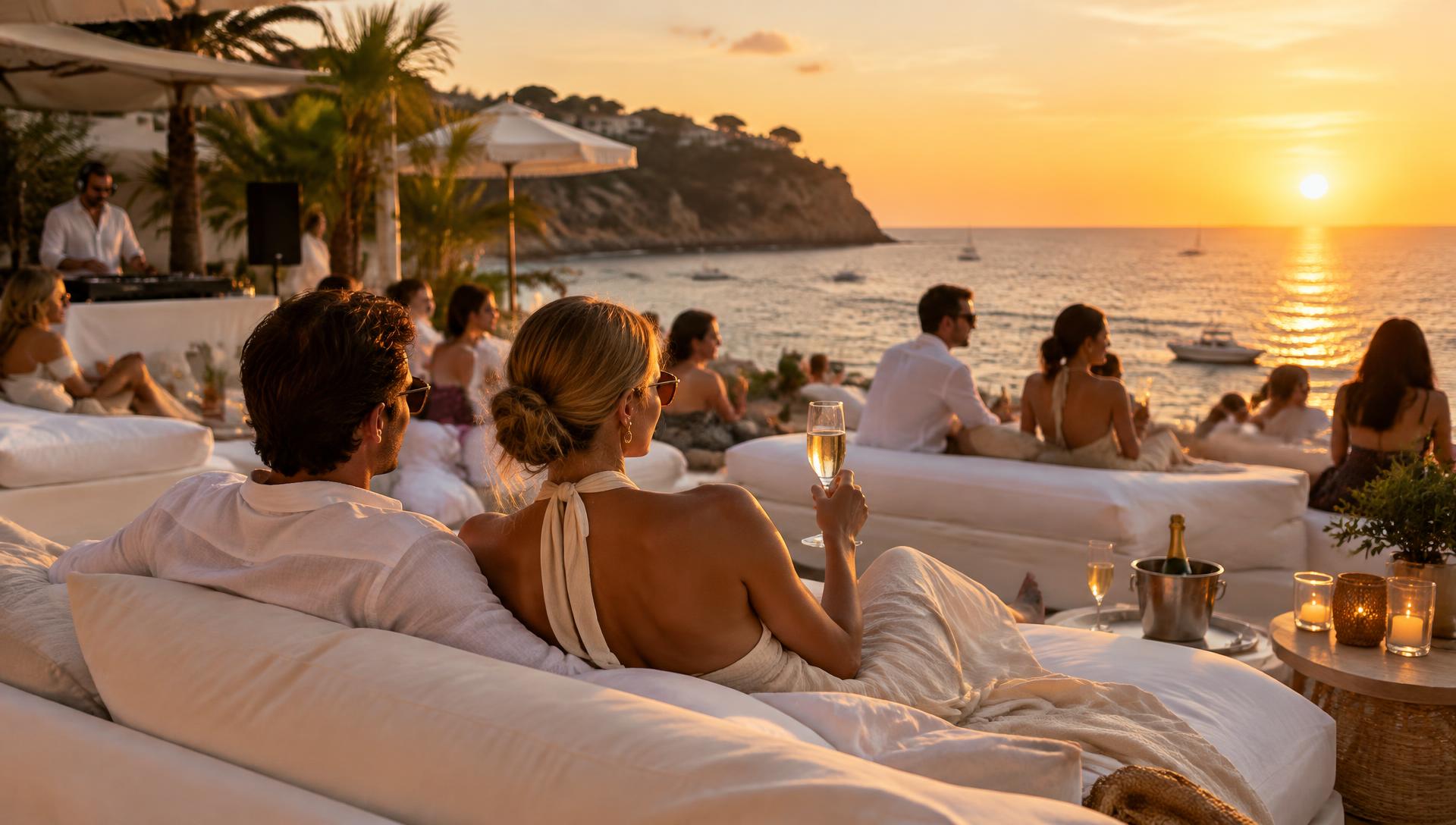 Sunset beach club with champagne on white daybeds
