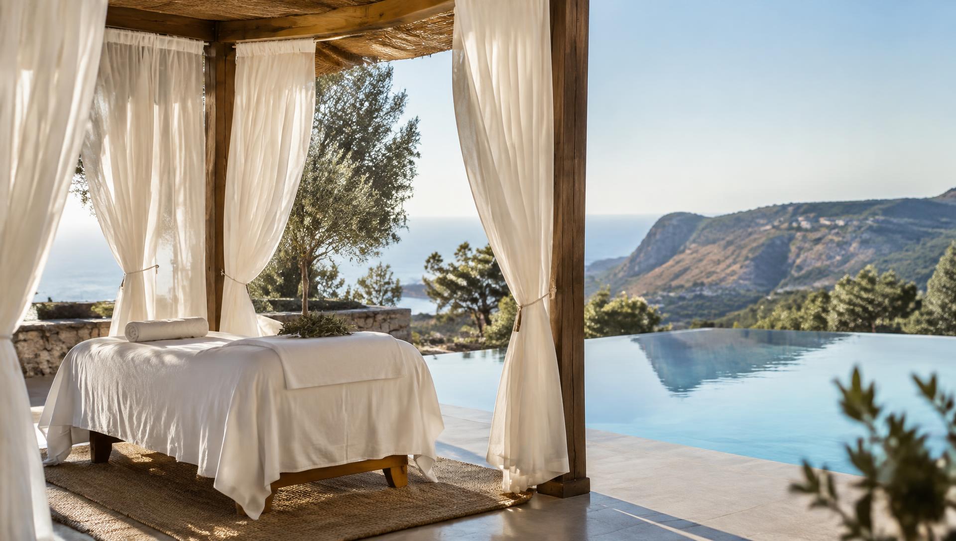 Open-air massage pavilion beside an infinity pool