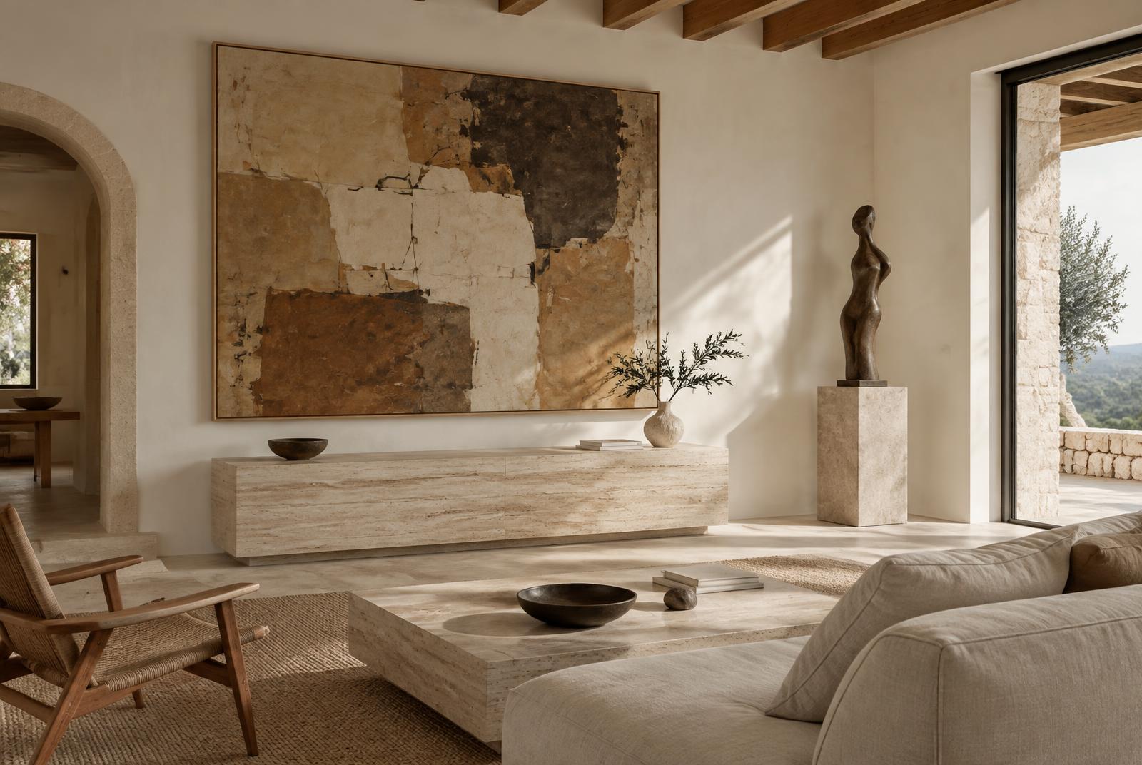 Villa living room with a large abstract painting and a bronze sculpture