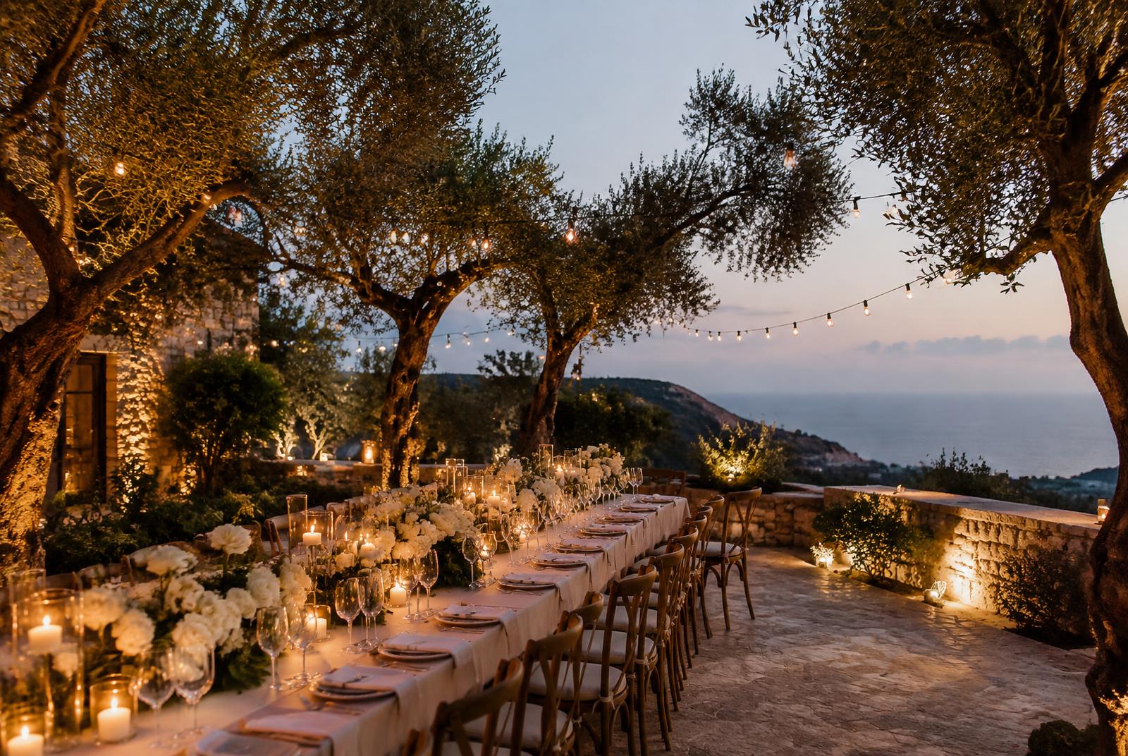 Candlelit banquet table under olive trees at dusk