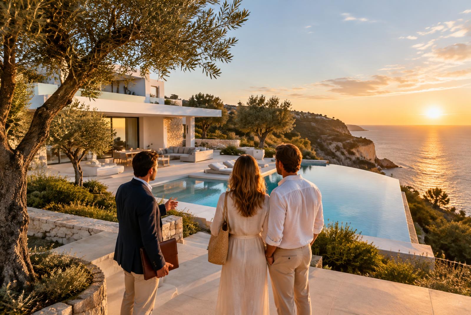 A couple viewing a clifftop villa with an agent at sunset