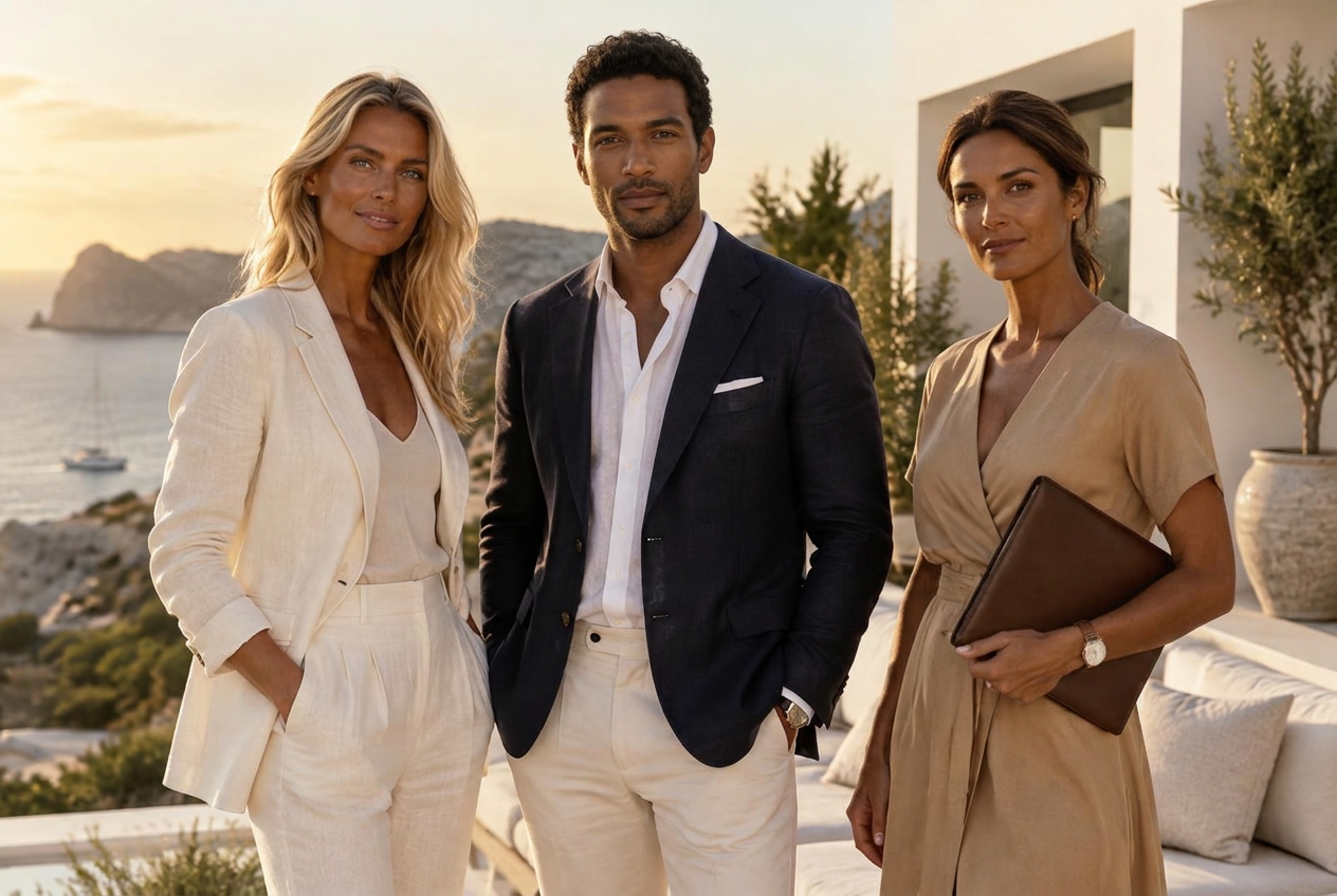Three house managers on a villa terrace at sunset