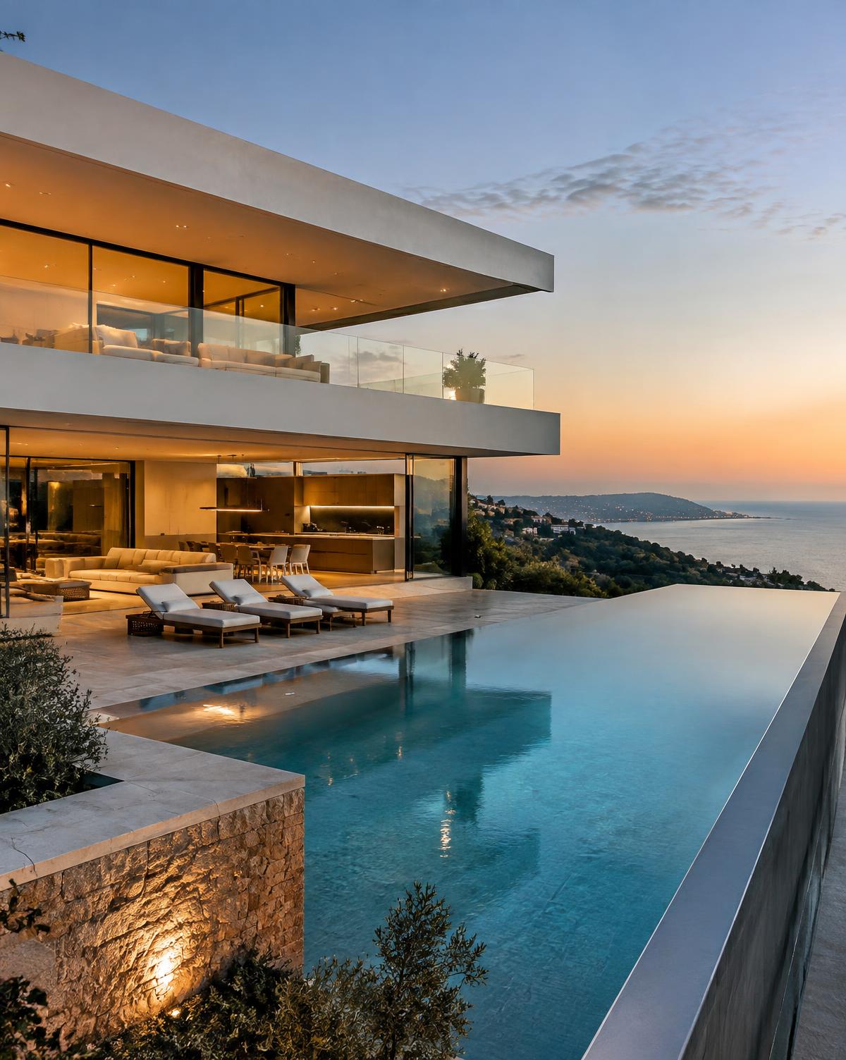 Contemporary villa with cantilevered terraces and infinity pool at dusk