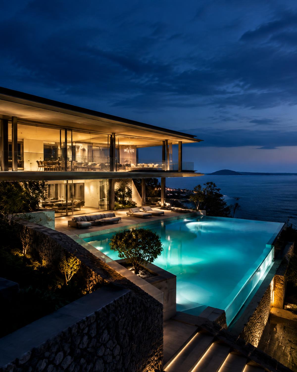 Modern glass villa above the sea, lit at night