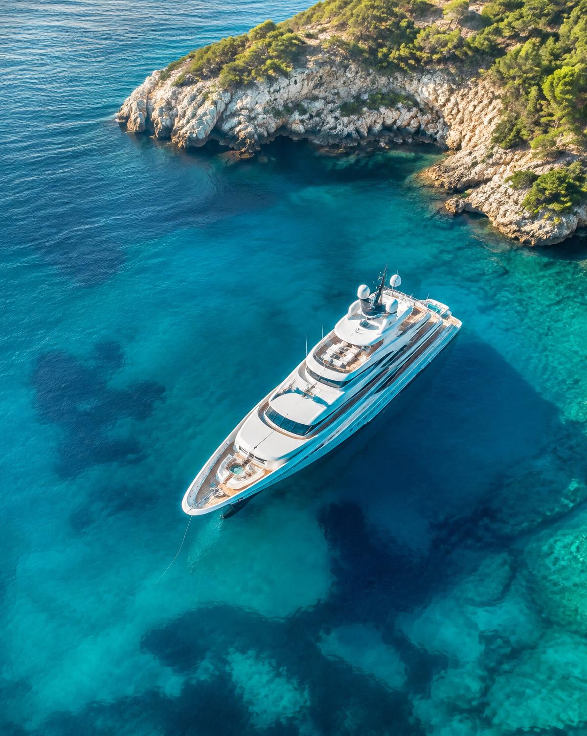 Superyacht anchored in a turquoise Mallorcan cove